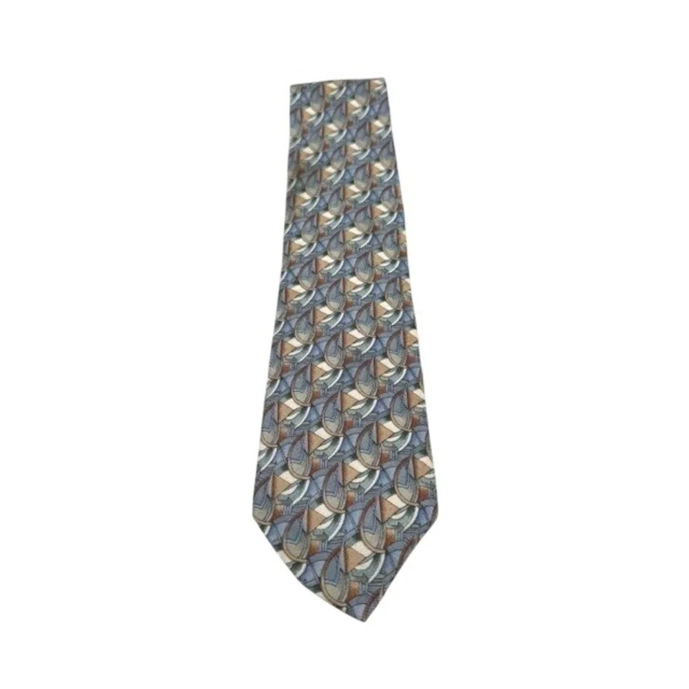 J. Garcia Mens Silk‎ Necktie Abstract Geometric Blue Gold Brown Art Tie RN 62830